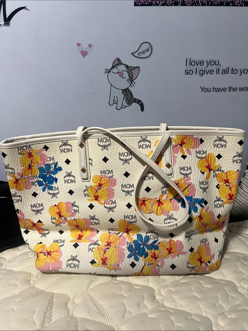 MCM White Leather Floral Print Tote with Pink, Yellow & Blue Blooms